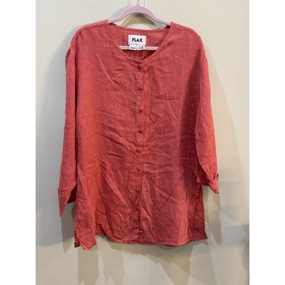 FLAX Jacket Top Tunic 100% Linen Red Button Up Long Sleeve Women Striped - Picture 1 of 6